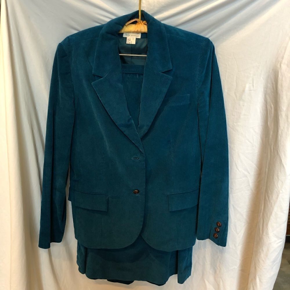 Vintage 70s M/L Corduroy Skirt Suit Turquoise, 12/14